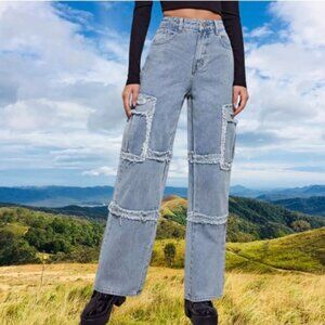 Cargo Y2K High Rise Wide Leg Distressed Denim Jeans Light Wash Sz S